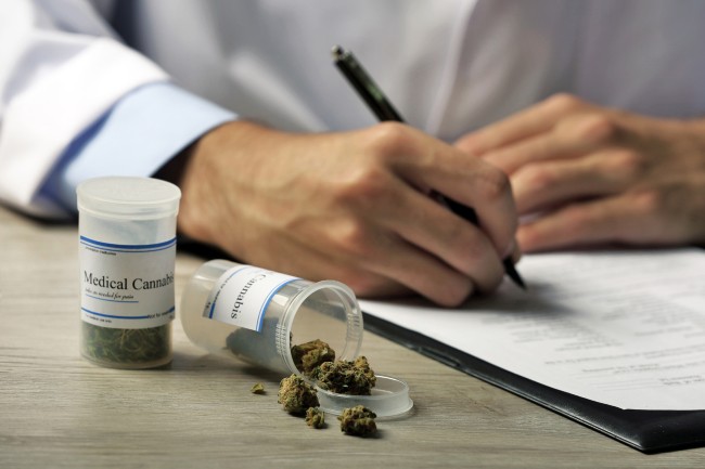 A pharmacist filling out a form next to a container of cannabis