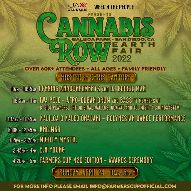 Green flyer with cannabis leaves embedded of the Cannabis Row Earth Fair that lists the list of events including announcements, performers, and the Farmers Cup award ceremony.