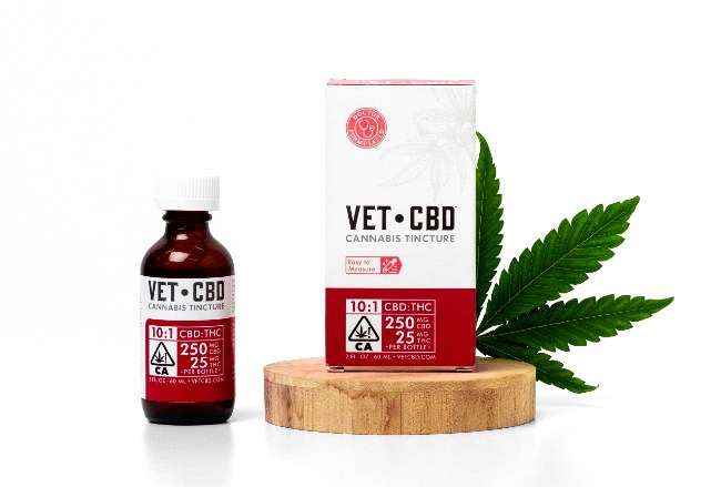 An image of VETCBD in a amber colored, small plastic bottle with a similar design on the box that is has a red rectangle on both. Behind the packaging is a green pot leaf.