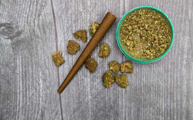 a hemp wrap lies among nugs of cannabis and a grinder full of ground weed