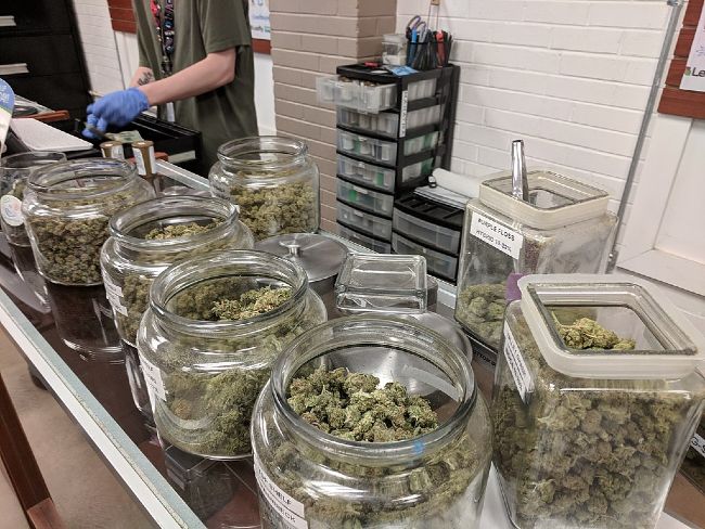A bunch of jars of weed in a dispensary