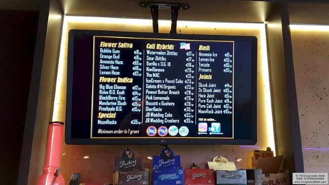 A menu at a coffee shop in Amsterdam
