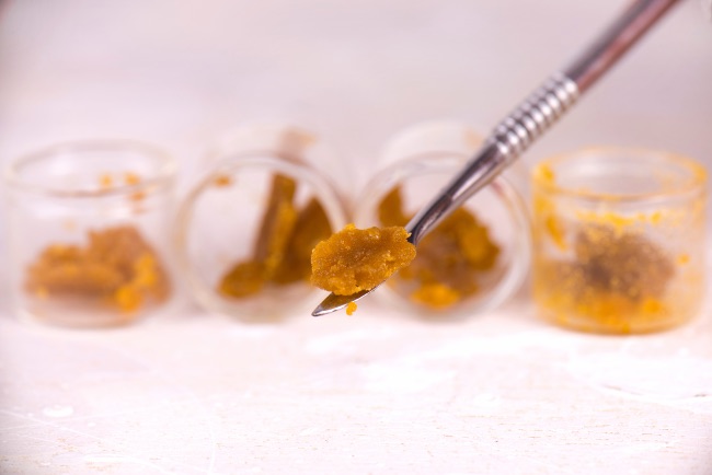 a piece of live resin concentrate sits on a metal dabber, with more concentrate in containers in the background