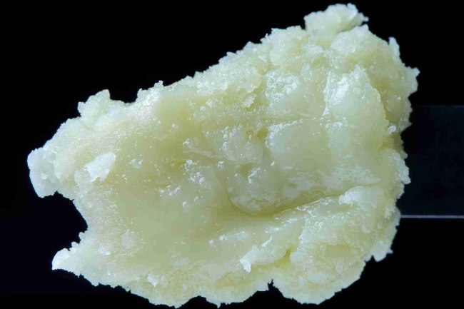Image of a rosin scoop that is very white and slightly yellow in color with black background.