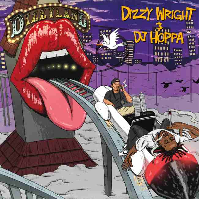 Album cover of a rollercoaster coming out of a mouth with two black men smoking inside the train with the words  “Dizzy Wright“ and “DJ Hoppa“ in the right corner.