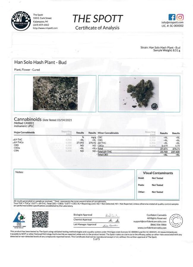 The certificate of analysis for Han Solo Hash. Showcasing the results of the cannabinoid portion of the testing. 