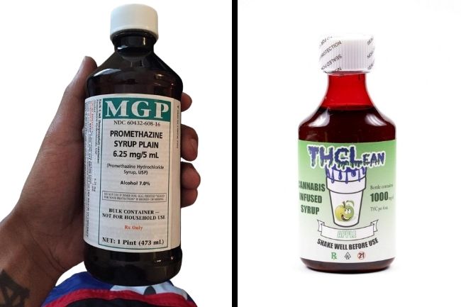A side by side comparison of Promethazine Cough Syrup bottle next to a THC Syrup/Imitation Lean